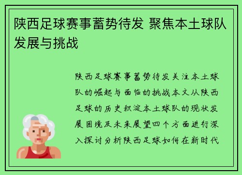 陕西足球赛事蓄势待发 聚焦本土球队发展与挑战