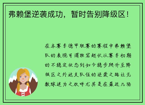 弗赖堡逆袭成功，暂时告别降级区！