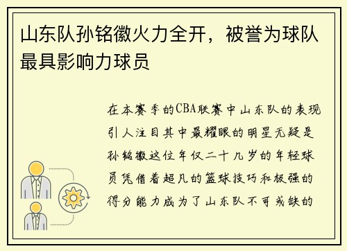 山东队孙铭徽火力全开，被誉为球队最具影响力球员