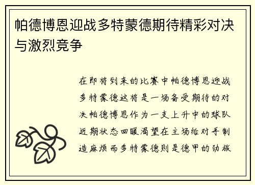 帕德博恩迎战多特蒙德期待精彩对决与激烈竞争