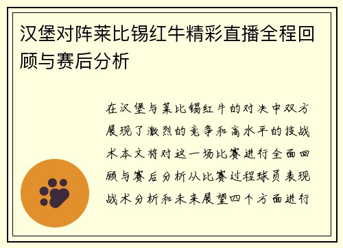 汉堡对阵莱比锡红牛精彩直播全程回顾与赛后分析