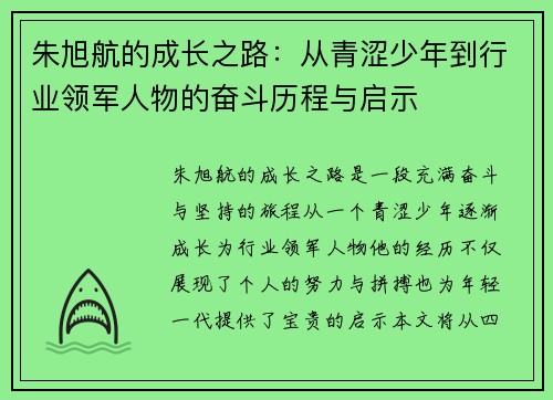 朱旭航的成长之路：从青涩少年到行业领军人物的奋斗历程与启示