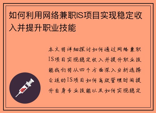 如何利用网络兼职IS项目实现稳定收入并提升职业技能