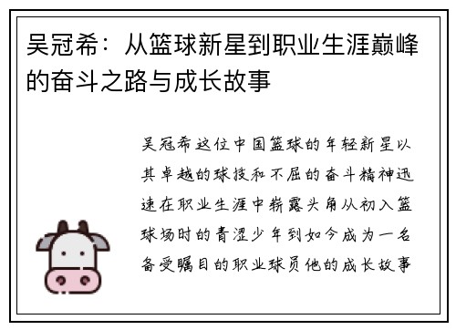 吴冠希：从篮球新星到职业生涯巅峰的奋斗之路与成长故事
