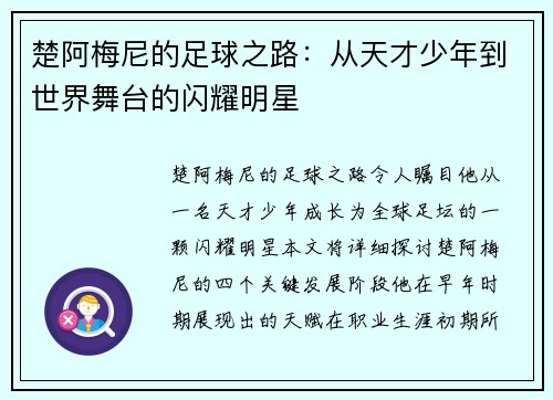 楚阿梅尼的足球之路：从天才少年到世界舞台的闪耀明星