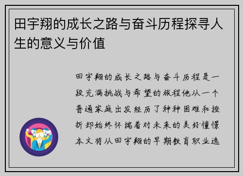田宇翔的成长之路与奋斗历程探寻人生的意义与价值