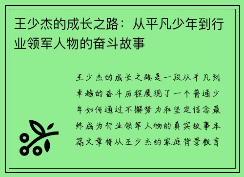 王少杰的成长之路：从平凡少年到行业领军人物的奋斗故事