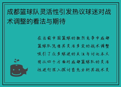 成都篮球队灵活性引发热议球迷对战术调整的看法与期待