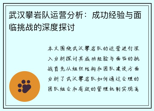 武汉攀岩队运营分析：成功经验与面临挑战的深度探讨
