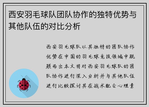 西安羽毛球队团队协作的独特优势与其他队伍的对比分析